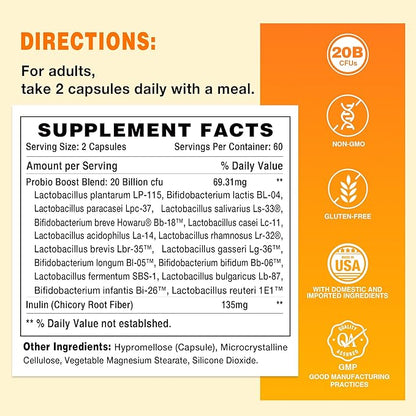 Vitamin World Probiotic 16, 20 Billion CFU, 16 Strains with Prebiotic Fiber for Digestive & Immune Health, Probiotics for Women & Men, Non-GMO, Gluten Free, 120 Veggie Capsules, 60 Day Supply