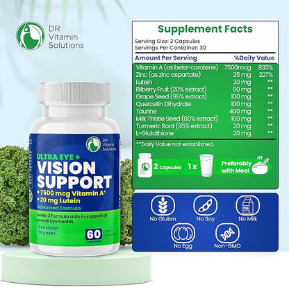 DR VITAMIN SOLUTIONS Vision Support Eye Vitamins for Macular Health | Supplements with Lutein, Zinc, Vitamin A & Bilberry | Areds 2 Formula for Red & Dry Eyes, Sight Care (1 Bottle, 60 Capsules)