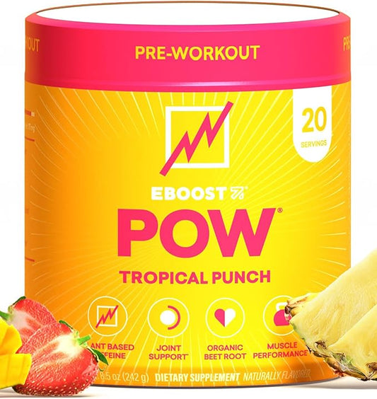 EBOOST POW Natural Pre Workout Powder – 20 Servings - Tropical Punch - A Pre Workout Supplement for Performance, Joint Mobility Support, Energy, Focus - Men & Women - Non-GMO, Gluten-Free, No Creatine