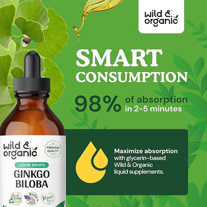 Wild & Organic Ginkgo Biloba Extract Drops - Brain & Focus Support - Liquid Ginkgo Biloba Supplements - Vegan, Sugar & Alcohol-Free Herbal Tincture - 4 fl oz