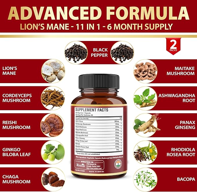 Zolotus 2 Packs 90 Capsules Lions Mane Mushroom Supplement, 6 Month Supply with Cordeyceps, Reishi, Ashwagandha, Focus, Memory and Brain Support Supplement, Immune Support, Energy Pills