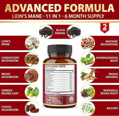 Zolotus 2 Packs 90 Capsules Lions Mane Mushroom Supplement, 6 Month Supply with Cordeyceps, Reishi, Ashwagandha, Focus, Memory and Brain Support Supplement, Immune Support, Energy Pills