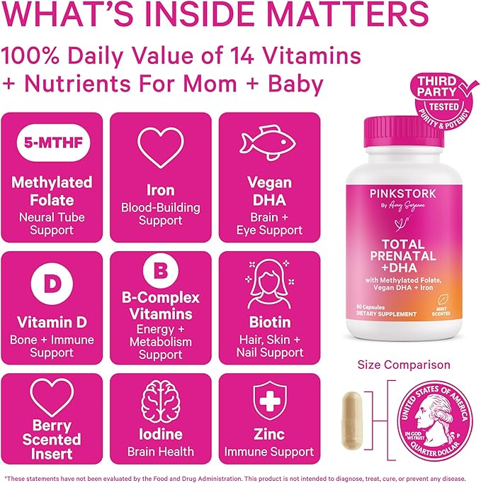 Pink Stork Total Prenatal Vitamins with DHA, Folate, Iron, Choline, and Vitamin B12 - Preconception Nutrition - Prenatals for Women, Pregnancy Must Haves - Mint Essence, 60 Capsules, 1 Month Supply