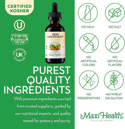Maxi Health Women, Men and Kids Liquid Iron Supplement - 15 mg Per ML Berry Flavored - High Potency - Easy to Mix for Immediate Absorption - Increase Energy Without Nausea - 2 fl Ounces