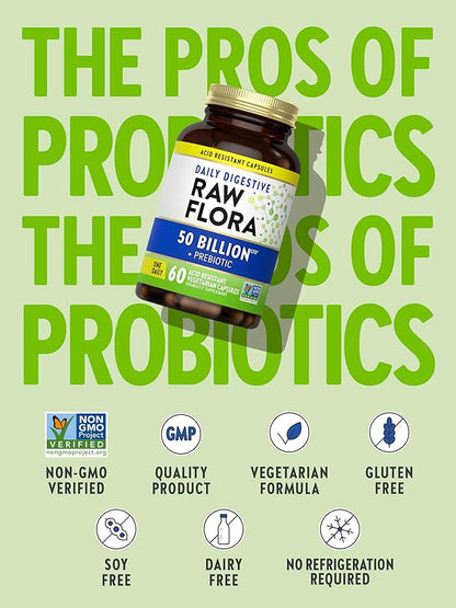 Raw Flora Probiotic with Prebiotics | 50 Billion CFU | Daily Digestive Capsules | Vegetarian & Gluten Free Supplement for Men and Women | by Nature's Truth