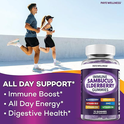 Elderberry Gummies Immune Support, Daily Support for Kids and Adults*, with Sambucus Elderberry, Zinc, Vitamin C, D3, B6, B12, Plus - Dietary Supplement - 70 Count