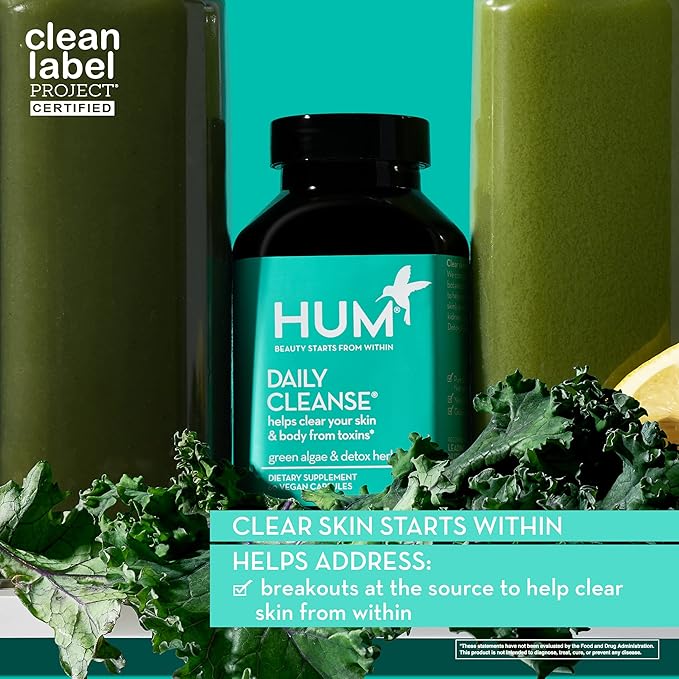 HUM Daily Cleanse Acne Supplement - Gut Cleanse Detox for Clear Skin with Organic Algae, Detoxifying Herbs, Zinc & Spirulina | Clear Skin Supplement (60 Capsules)