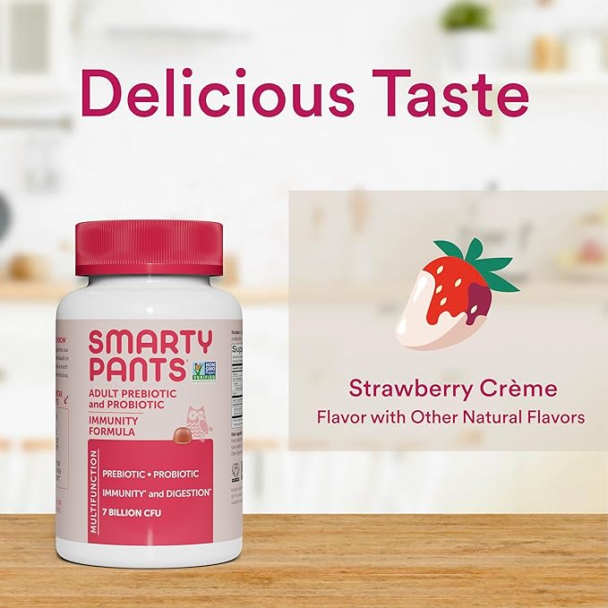 SmartyPants Adult Probiotic & Prebiotic Gummies for Digestive Health: 6 Billion CFU Gut Health Supplement, Clinically Studied Prebiotic for Immune Support, Strawberry, 60 Count (30 Day Supply)