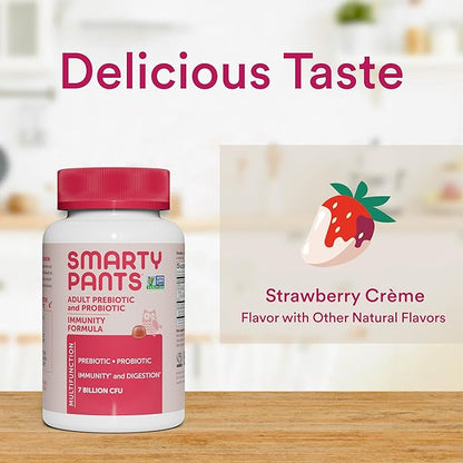 SmartyPants Adult Probiotic & Prebiotic Gummies for Digestive Health: 6 Billion CFU Gut Health Supplement, Clinically Studied Prebiotic for Immune Support, Strawberry, 60 Count (30 Day Supply)