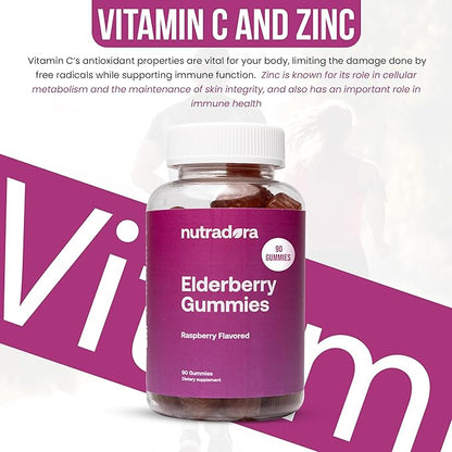 Elderberry Gummies for Adults – Organic Elderberry Gummies with Zinc and Vitamin C for Immune Support, Lessen Stress, & Protect Heart, Raspberry Flavor Formulated in USA, 90 Gummies