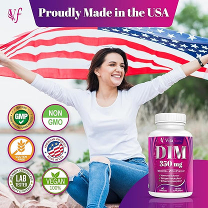 DIM 350mg Supplement - Hormone & Estrogen Balance - For Women and Men - Detox - Acne Support, Menopause Relief, PCOS - Diindolylmethane Broccoli Extract & BioPerine - 60 Capsules - Vegan - Vitafemi