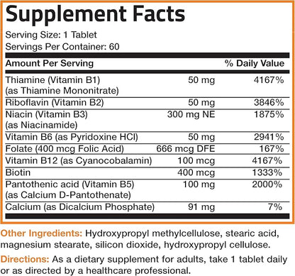 Bronson Super B Vitamin B Complex Sustained Slow Release (Vitamin B1, B2, B3, B6, B9 - Folic Acid, B12) Contains All B Vitamins 60 Tablets