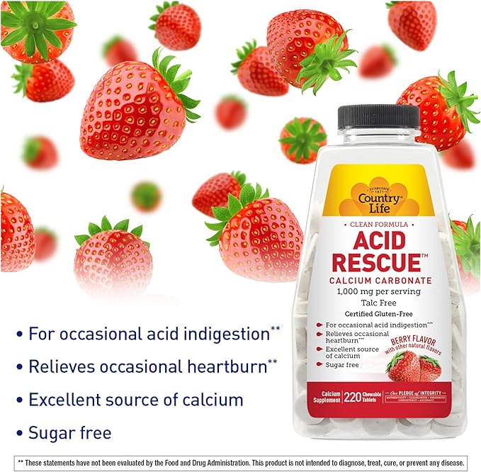 Country Life Acid Rescue Chewable Tablets - Certified Vegan & Gluten-Free Heartburn Relief, 400mg Calcium & Magnesium, Non-GMO, Sugar-Free Berry Flavor, Supports Bone Health, 220 Count