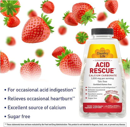 Country Life Acid Rescue Chewable Tablets - Certified Vegan & Gluten-Free Heartburn Relief, 400mg Calcium & Magnesium, Non-GMO, Sugar-Free Berry Flavor, Supports Bone Health, 220 Count