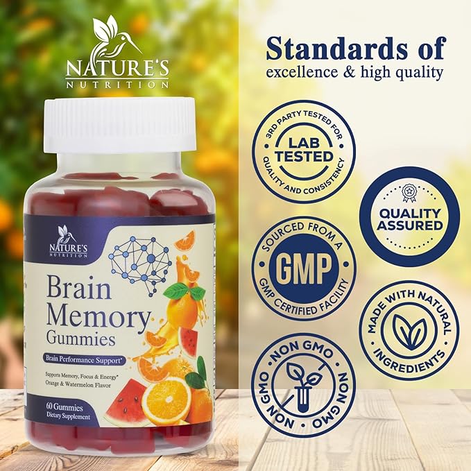 Brain Supplements for Memory, Focus, Concentration - Brain Gummy Vitamin Plus Nootropics, Phosphatidylserine, B6 & B12, Caffeine Free Nootropic, Clarity & Memory Support Supplement - 60 Gummies
