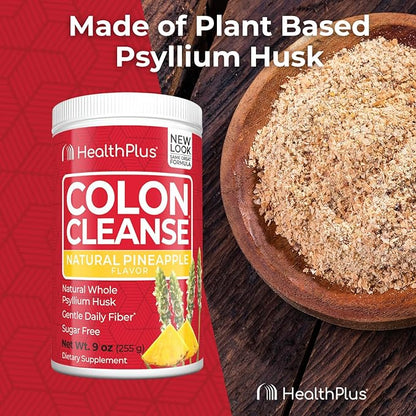 Health Plus Colon Cleanse Digestive Support | No Artificial Flavors | Daily Fiber for Toxin Elimination to Reduce Bloating | Psyllium Husk | Pineapple Flavor | 9 Ounces, 36 Servings