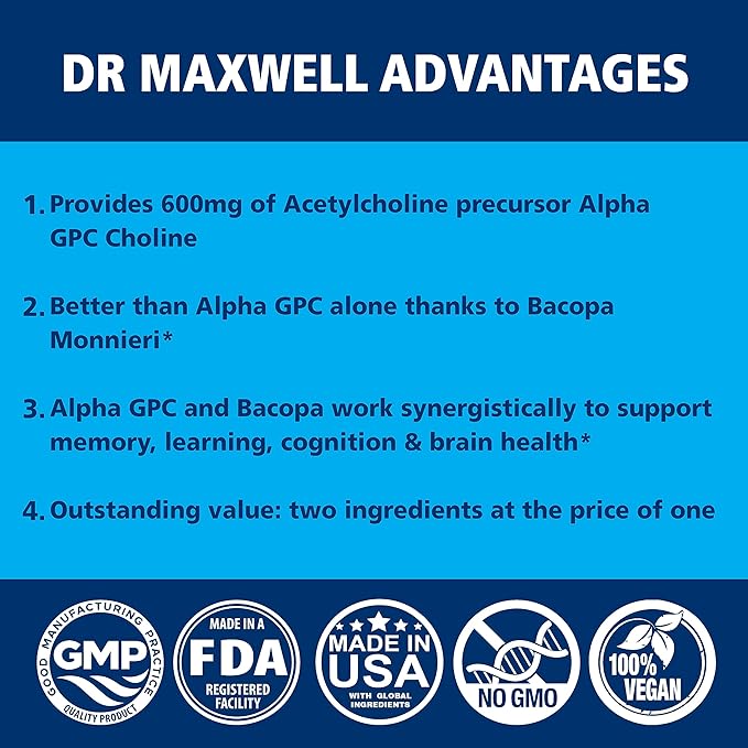 Acetylcholine, Alpha GPC Choline 600mg + Bacopa, Better Than Each Alone. More Reliable Acetylcholine (Supports Memory & Learning) Supplement, 60 Capsules