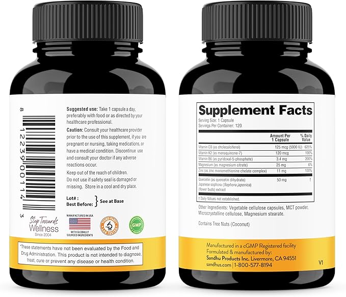 Sandhu's Vitamin D3 K2 Magnesium with Quercetin Capsules for Men & Women | Supports Immunity, Bone Health and Quality Sleep | 360 Count