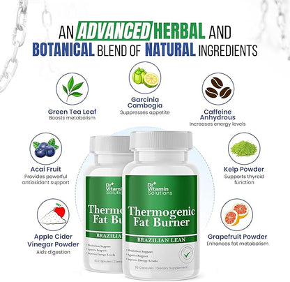 DR VITAMIN SOLUTIONS Thermogenic Fat Burner for Women and Men - Appetite Suppressant for Weight Loss - Includes Green Tea Extracts for Bloat Relief - Metabolism Booster - Pack of 2