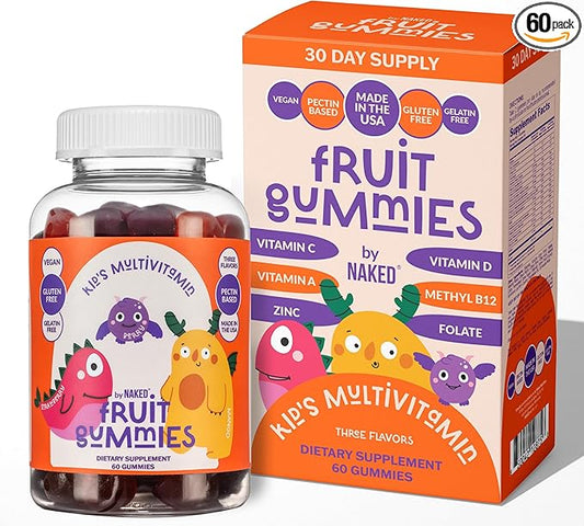NAKED Nutrition Kids Vitamin Gummies, Made in USA, GMO Free, Gluten-Free, Gelatin Free, Vegan, Kids Vitamins A, C, D, E, B6, B12, Zinc, 3 Fruit Flavors, 30 Day Supply
