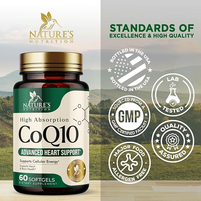 CoQ10 100mg Softgels - Better Absorption, Antioxidant for Heart Health & Cellular Energy Support - Nature's Co Q10 Vitamins, Non-GMO & Gluten Free, Coenzyme Q10 Supplement - 60 Softgels