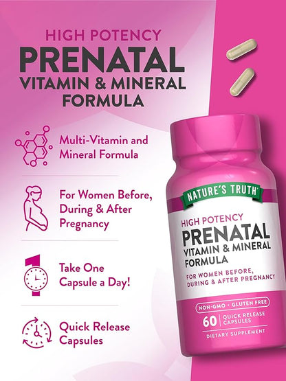 Nature's Truth Prenatal Vitamins With Folic Acid | 60 Capsules | Non-GMO & Gluten Free Supplement