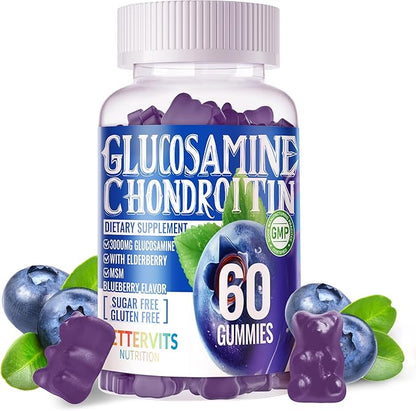 Glucosamine Chondroitin Gummies with MSM & Elderberry Extra Strength - Joint Support, Antioxidant Immune Support Supplement for Adults, Men & Women.60 Blueberry Gummies