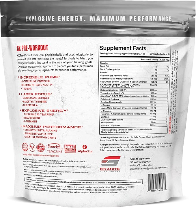 Granite GX Pre Workout Supplement, Tangerine Blast Flavor, Supports Focus, Energy, & Performance with Teacrine, L-Citrulline, Betaine, & A-GPC (20 Servings)