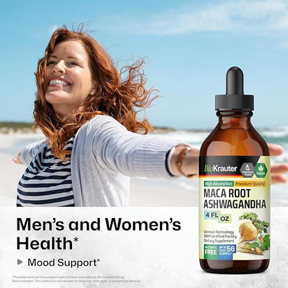 BIO KRAUTER Maca Root and Ashwagandha Tincture - Maca & Ashwagandha Supplements for Men & Women - Adaptogenic Liquid Supplement for Mood Support - Alcohol and Sugar Free Vegan Drops 4 Fl.Oz.