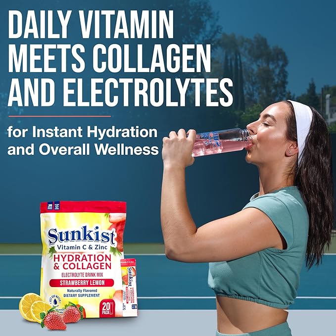 The Frozen Bean Sunkist Collagen Drink Mix - Hydration Strawberry Lemon Electrolyte Drink for Women with Vitamin C, Zinc, Collagen Peptides, Naturally Flavored - 20 Pack