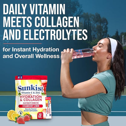 The Frozen Bean Sunkist Collagen Drink Mix - Hydration Strawberry Lemon Electrolyte Drink for Women with Vitamin C, Zinc, Collagen Peptides, Naturally Flavored - 20 Pack