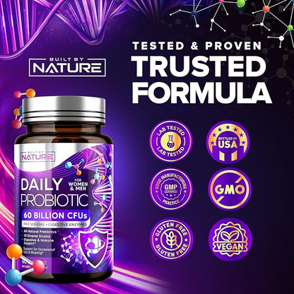 Built by Nature Probiotic for Women & Men – 60 Billion CFU, 10 Strains + Prebiotics & Digestive Enzymes – Supports Digestive, Immune, Reduce Gas & Bloating – Shelf Stable, Non-GMO - 60 Capsules