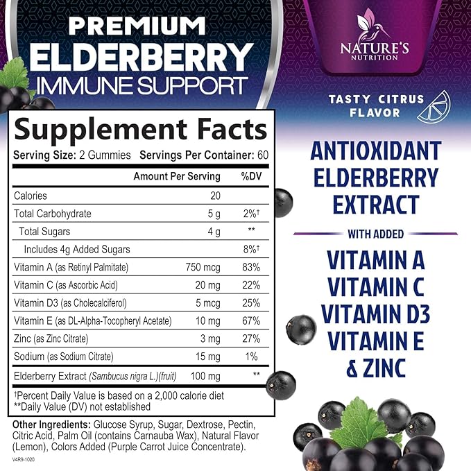Immune Support Gummies - Sambucus Elderberry Gummy with Elder Berry Extract, Zinc & Vitamin C, Natural Vegan Immune Support Supplement for Adults & Children, Gummy Elderberry Vitamins - 120 Gummies