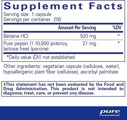 Pure Encapsulations Betaine HCl Pepsin - Digestive Enzymes Supplement for Digestion Aid & Support, Stomach Acid & Nutrient Absorption* - with Betaine HCl Pepsin - 250 Capsules