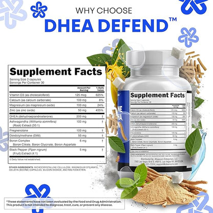 DHEA 200mg Supplement Pregnenolone 100mg for Men & Women with DIM Ashwagandha Boron 6mg Complex Calcium Magnesium Zinc 50mg Vitamin D3 5000 iu Hormone Support Capsules Pills - Made in USA 60 Ct