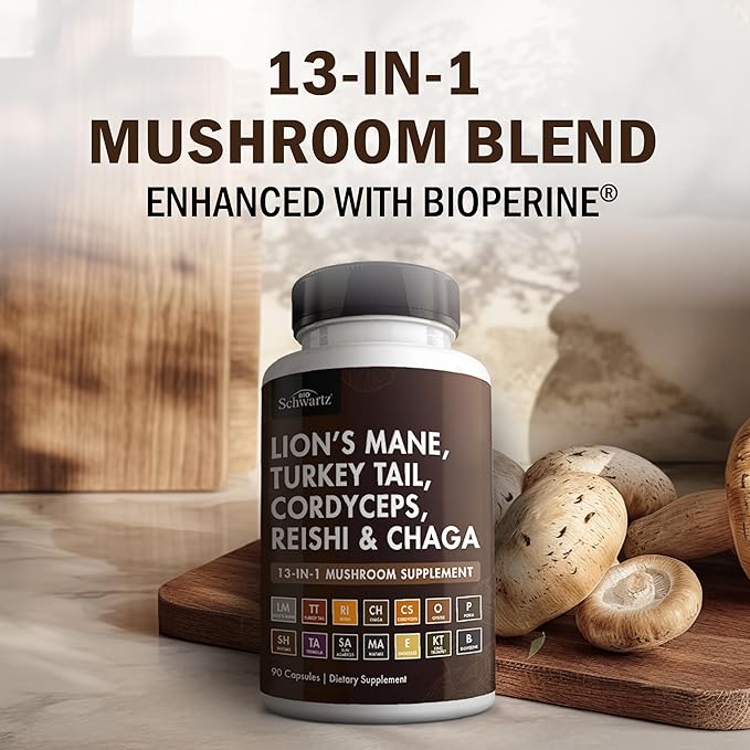 BioSchwartz Mushroom Complex - Organic Lions Mane Supplement Capsule with Reishi, Turkey Tail, Cordyceps, Shiitake, Chaga, Black Pepper for Max Absorption - Supports Energy, Focus, Memory, 90 Count