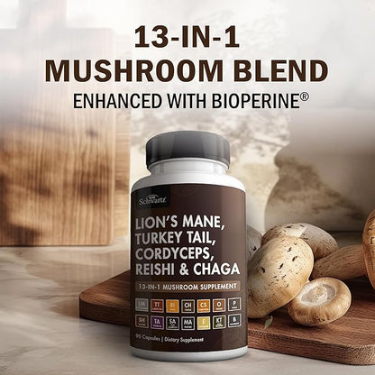 BioSchwartz Mushroom Complex - Organic Lions Mane Supplement Capsule with Reishi, Turkey Tail, Cordyceps, Shiitake, Chaga, Black Pepper for Max Absorption - Supports Energy, Focus, Memory, 90 Count