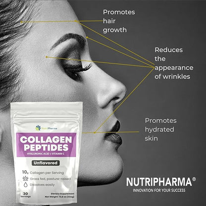 Collagen Peptides Powder with Hyaluronic Acid and Vitamin C, Promotes Hair, Nail, Skin, Bone and Joint Health, Unflavored Collagen Protein Powder, 30 Servings, 10,8 oz