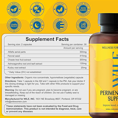 WILE Menopause and Perimenopause Supplements for Women with Ashwagandha - Menopausal Symptoms Relief for Stress, Hot Flashes, Night Sweats - Healthy Sleep & Hormone Balance Support, Vegan, 30 Servings