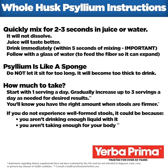 Yerba Prima Psyllium Husk, 12 Ounce - Whole Husk Fiber Supplement, Vegan, No Sugar or Artificial Sweeteners, Non GMO, Gluten Free