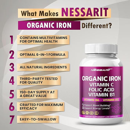 Organic Iron High Potency with Vitamin C, Folic Acid - High-Absorption Formula Vitamin B1, Vitamin B6, Vitamin B12 - Support Blood Building - 150 Count - Made & Tested in The USA