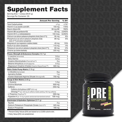 NutraBio PRE Workout Powder - Old Formula- Sustained Energy, Mental Focus, Endurance - Beta Alanine, Creatine, Caffeine, Electrolytes - 20 Servings - Strawberry Lemon Bomb
