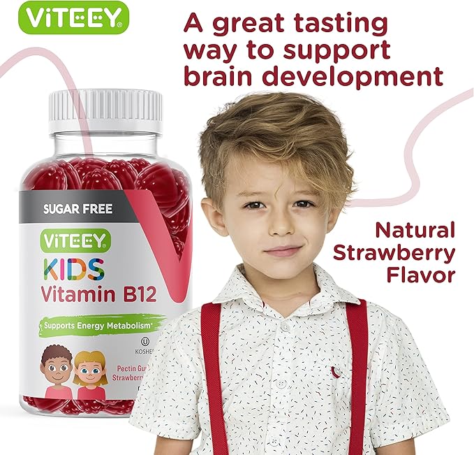 Vitamin B12 for Kids Gummies, 1000mcg - Sugar Free - Metabolism, Natural Energy Support - Vegan, Gelatin Free, Gluten Free, GMO Free - Tasty Chewable B12 Strawberry Flavored Gummy