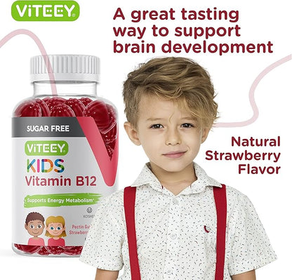 Vitamin B12 for Kids Gummies, 1000mcg - Sugar Free - Metabolism, Natural Energy Support - Vegan, Gelatin Free, Gluten Free, GMO Free - Tasty Chewable B12 Strawberry Flavored Gummy
