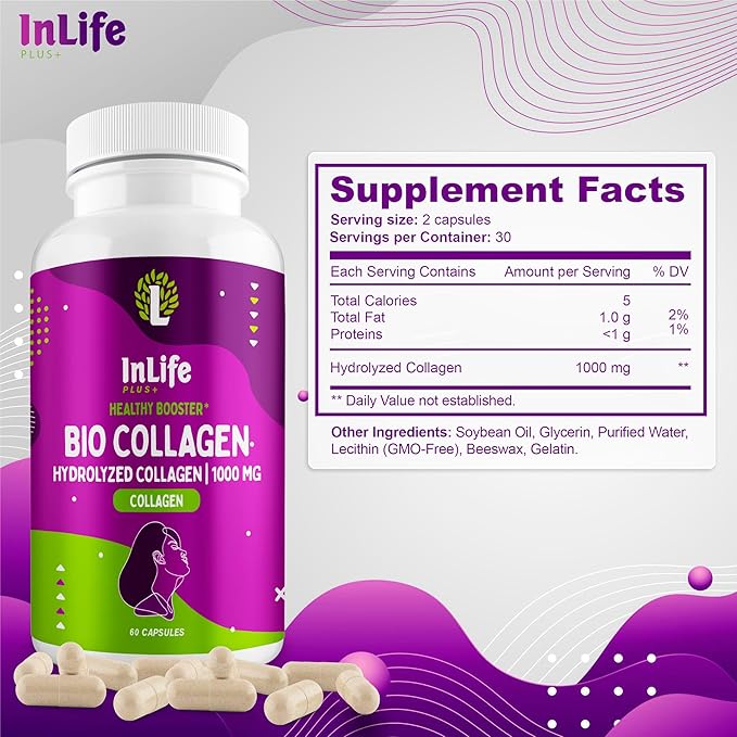 Hydrolyzed Collagen Peptides (60 Count), 1,000mg Per Serving, Beauty Joint and Anti Aging Support for Hair Skin Nails Bones and Joints, Collagen for Women and Men (30-Day Supply) (1)