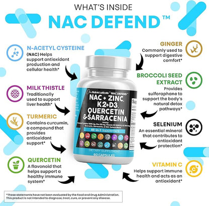 NAC Supplement N-Acetyl Cysteine Vitamin D3 K2 Zinc Quercetin Sarracenia Purpurea Immune Support | Elderberry Holy Basil Bee Propolis Bromelain L-Lysine Capsules Supplements For Women Men Adults