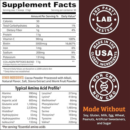 Chocolate Collagen Powder. Collagen with Hyaluronic Acid and Vitamin C. Chocolate Collagen Peptides Powder Chocolate. Collagen with Vitamin C & Biotin for Hair, Skin, Nails, Joint. Keto, Type 1 and 3.