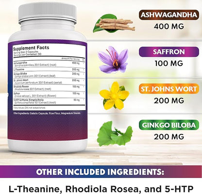 NEW AGE Saffron Supplements with Ashwagandha - Support with L-Theanine, Ginkgo Biloba, St. John's Wort, Rhodiola Rosea & 5-HTP - Saffron 60 Count