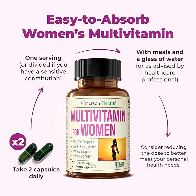 Multivitamin for Women - Daily Womens Multivitamin & Multimineral with Vitamin A, C, D, E, B12, Zinc, Iron. Essential Vitamins for Women for Energy, Focus, Hair Growth & Overall Health. 60 Liquid Caps