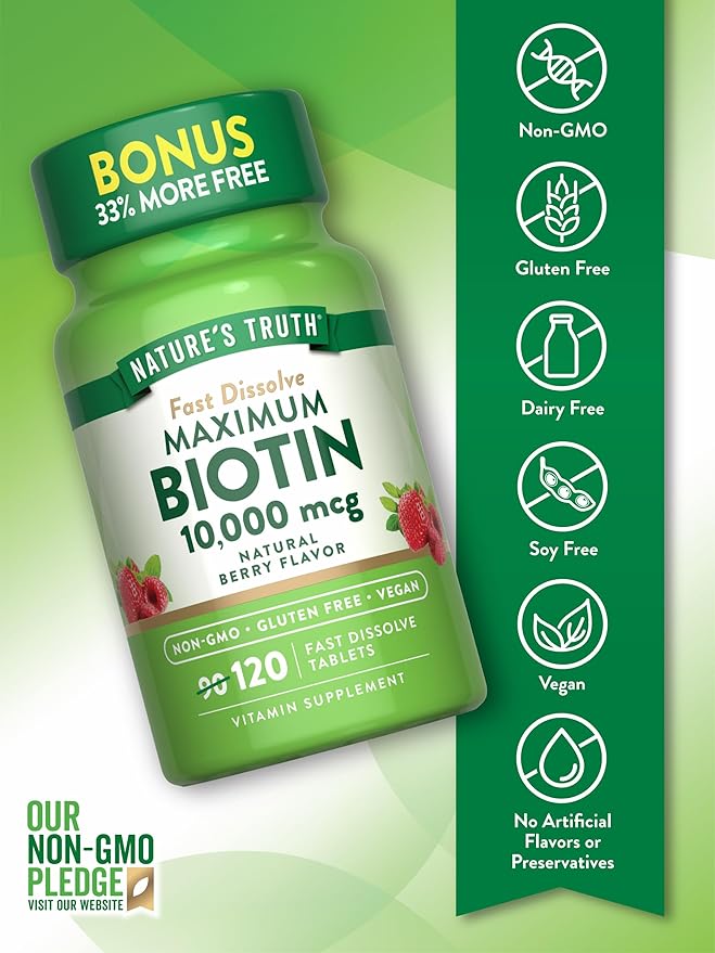 Nature's Truth Biotin 10000mcg | 120 Fast Dissolve Tablets | Maximum Strength | Natural Berry Flavor | Vegan, Non-GMO & Gluten Free Supplement